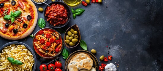 Mediterranean food: pasta, pizza, olives, and antipasto. Flat lay with room for text.