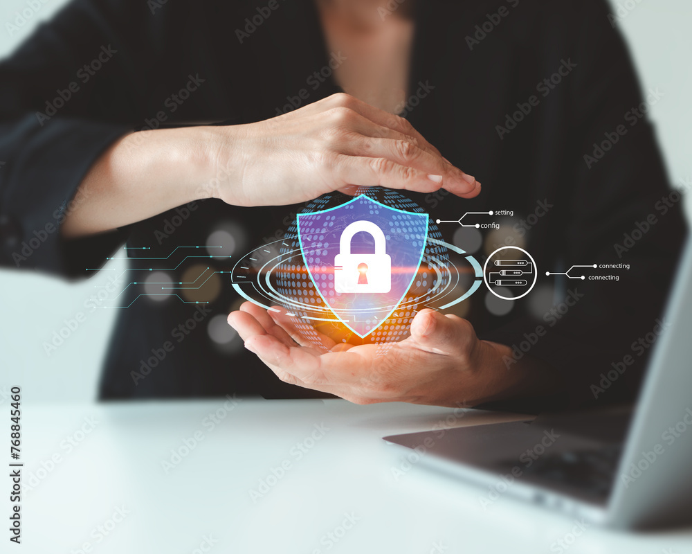 Poster businesswoman with virtual cyber security technology and online data protection for security of data