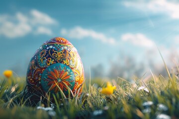 Obraz na płótnie Canvas Easter Elegance: Ornate Painted Egg in Grass