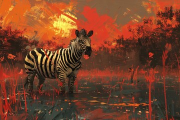 Wild Solitude: Zebra in a Crimson Landscape