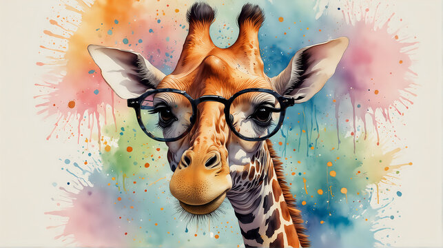 a whimsical illustration of a giraffe with large, soulful eyes wearing round, black-framed glasses, set against a vibrant backdrop splattered with an array of colorful paint drops