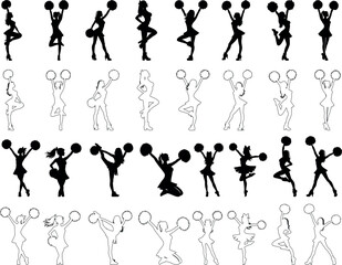 cheerleader silhouette and cheerleaders line art vector showcasing vibrant energy and team spirit at sports events, embodying enthusiasm, athletic movement, and excitement