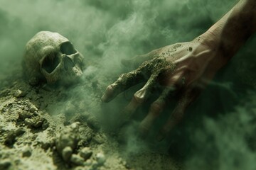 Underwater skeleton hand reaching out amongst bubbles, giving a sense of eerie mystery and deep-sea discovery - obrazy, fototapety, plakaty
