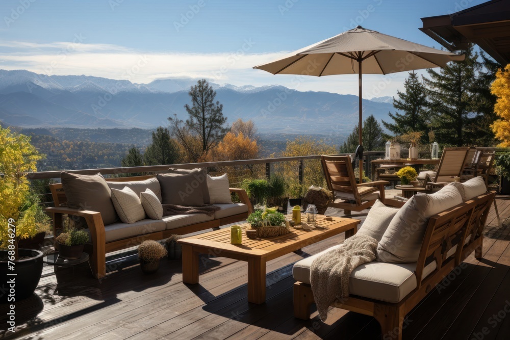Poster stylish patio setup with couch table chairs and umbrella generative ai