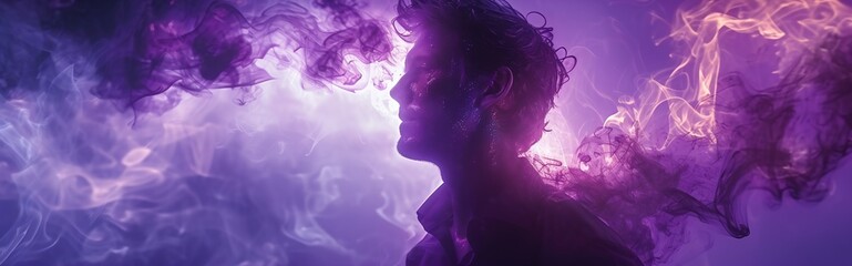 Aura energy. Inner harmony. Spiritual contemplation. Double exposure profile silhouette of man face with purple blue pink color smoke isolated on white copy space. - obrazy, fototapety, plakaty