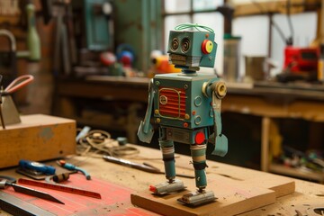 Fototapeta premium diy robot toy made from recycled materials on a workbench