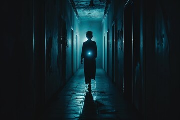 Silhouette of a person in a dimly lit corridor, holding a mysterious glowing object, tension in the air