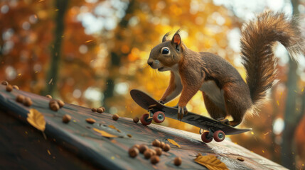 Obraz premium A whimsical scene where a squirrel is captured in motion, skateboarding down a ramp among autumn leaves and acorns
