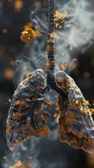 A 3D render of tar buildup in the lungs due to cigarette smoke