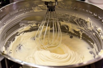 mixer whisking batter in a large industrial mixer