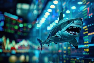 A shark in a trading floor aquarium, embodying aggression and dominance in financial markets - obrazy, fototapety, plakaty