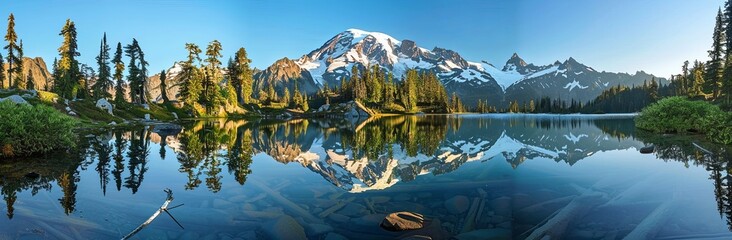 Fototapeta premium panoramic view of Mount Shuksan and snow capped peak reflecting in the clear blue water lake surrounded by pine trees