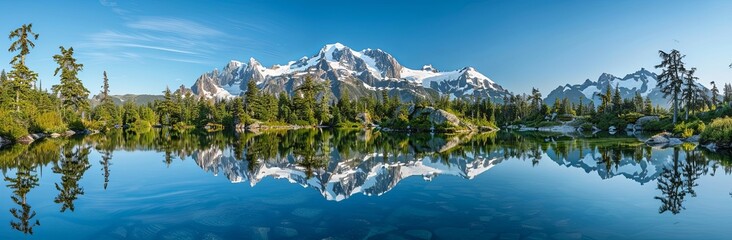Naklejka na ściany i meble panoramic view of Mount Shuksan and snow capped peak reflecting in the clear blue water lake surrounded by pine trees