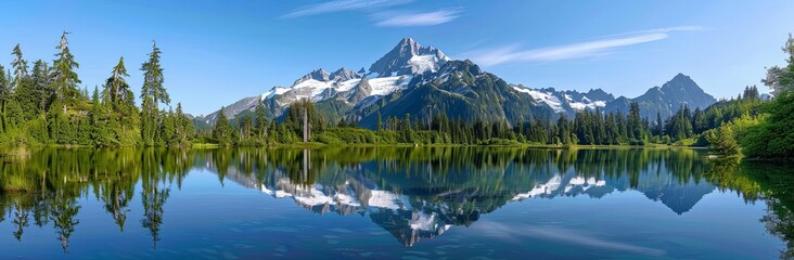 panoramic view of Mount Shuksan and snow capped peak reflecting in the clear blue water lake surrounded by pine trees - obrazy, fototapety, plakaty