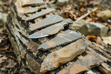 crafting stone blades from flint on a log