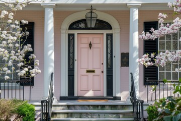  front porch of a modern sleek house with pastel pink front door and black ornate low fense framed by blooming magnolias