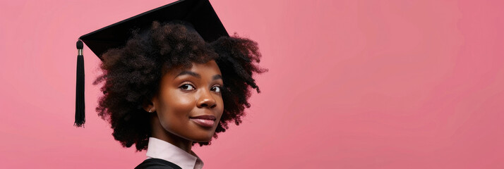 International Student's Day, portrait of a beautiful African American female student in an academic cap, curly hair, horizontal banner, pink background