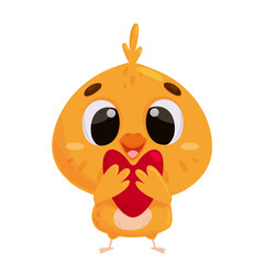 Little chick holding a heart-shaped card in his hands