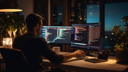 Software Developer Coding at Night on Dual Monitors