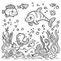Underwater marine life kids coloring book page design. Cartoon vector illustration with various fishes. Ocean and sea concept.