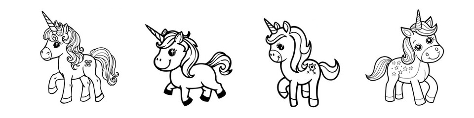Four Unicorn Character Vector, Coloring Book Page, Colouring page outline of cute unicorn, Sketch, Drawing White Background