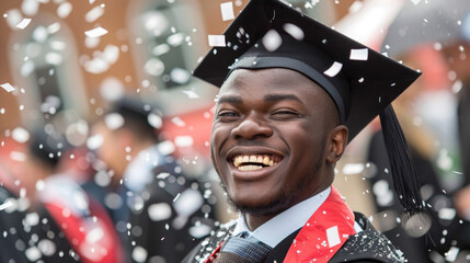 International Student's Day, world, portrait of a happy African-American guy student in an academic cap, graduation celebration, wide smile