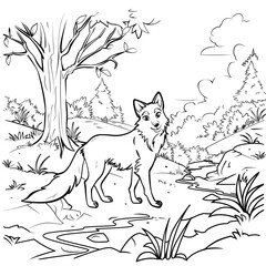 Fox Kids Coloring Book Page with a landscape background