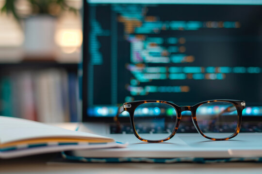 Eyeglasses in front of coding screen on desk