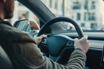 An automotive vlogger testdriving the latest electric vehicle, highlighting features and sustainability in transportation