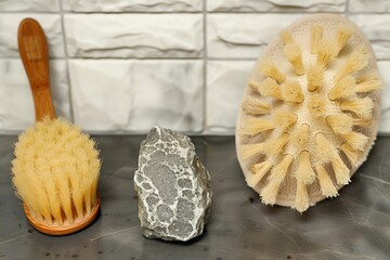 alum stone placed beside a natural bristle brush and loofah on a bathroom counter