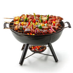 Perfectly charred bites of flavorful meats and fresh vegetables are artfully arranged on the compact, black grill, creating a contrast that pops against the clean white background.