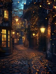 Fototapeta premium An empty cobblestone street at night, illuminated by Christmas lights and glowing lanterns