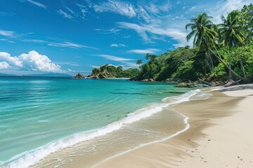 Fototapeta premium An untouched tropical beach with clear blue water, white sand, and lush palm trees, completely secluded