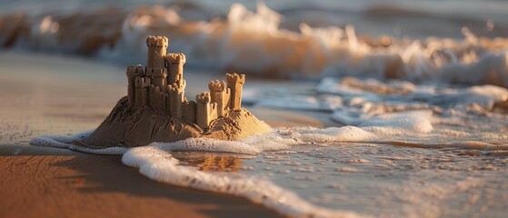 An untouched sandcastle at the edge of the beach, with the incoming tide slowly washing it away - obrazy, fototapety, plakaty