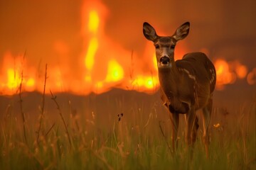 deer in meadow with orange glow of fire behind