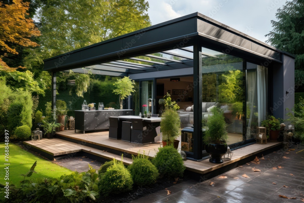 Poster modern patio with table and chairs generative ai