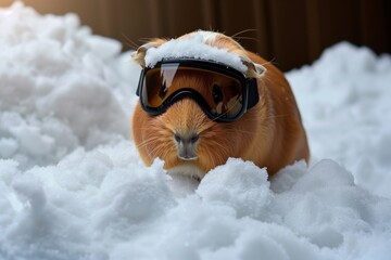 guinea pig with mini ski goggles on white snow - obrazy, fototapety, plakaty