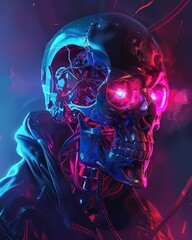 Cyberpunk skull with glowing eyes, hacking in neonsoaked darkness - obrazy, fototapety, plakaty