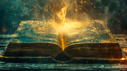 Enchanted book illuminated with mystical fire - obrazy, fototapety, plakaty