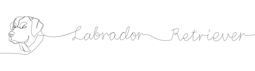 Labrador Retriever breed, companion dog, hunting dog one line art. Continuous line drawing of friend, doggy, friendship, care, pet, animal, family, canine with inscription, lettering, handwritten.