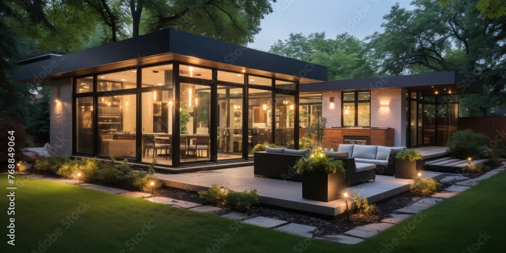 Aufkleber modern house illuminated by numerous windows and lights generative ai