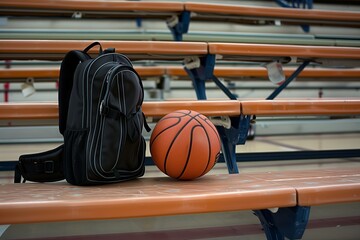 backpack beside a basketball on gymnasium bleachers - obrazy, fototapety, plakaty