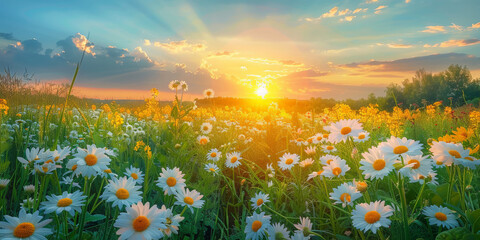 A beautiful spring summer meadow Chamomile flowers. Natural colorful panoramic landscape with many wild flowers of daisies against blue sky.banner