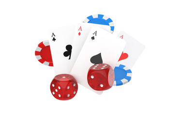 Group of playing card, dice and chips on white background. 