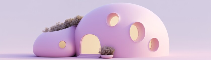 Inflated robotic modern house covered entirely with a long plum fluffy stratum in Paris - obrazy, fototapety, plakaty