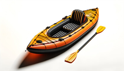 Inflatable Rubber Fishing Drift Kayak: 3D Render on White Background, Bright Orange Fishing Drift Kayak: Inflatable Rubber 3D Render, Rubber Fishing Drift Kayak Illustration
