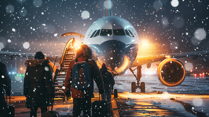 People boarding a plane in a snowy winter, snowflakes and icy runway, bright airport lights