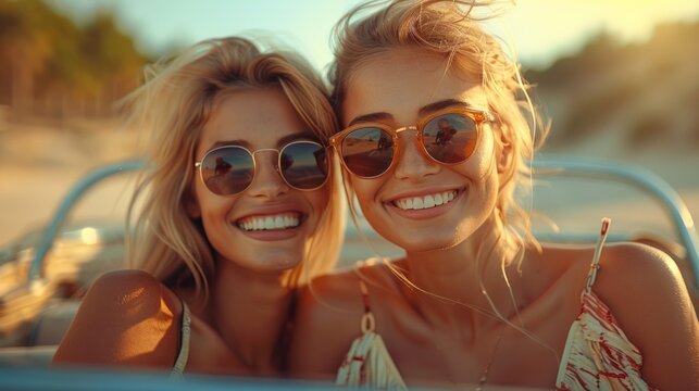 lady friends in sunglasses in cabrio