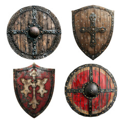 Classic and Round Shield: Rustic Battle Representation with a Set of Viking and Knight Shields, Isolated on Transparent Background, PNG