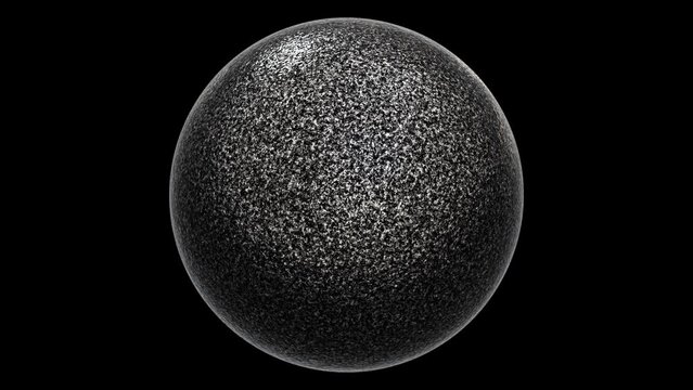 Realistic looping 3D animation of the spinning black powder coated metal sphere rendered in UHD with alpha matte